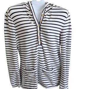 Talbots Pima Cotton Tunic Hoodie Black White Stripes Nautical Preppy Classic S